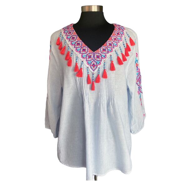 Chico's Blue White Stripe Popover Top Embroidered Beaded Tassels Size XL/16 Boho - Picture 5 of 13